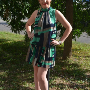 Rochie din voal subtire cu imprimeu abstract verde-bleumarin- bej - Img 2