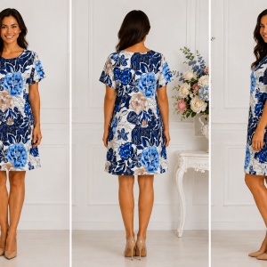 Rochie Dreaptă Damă cu Imprimeu Floral Albastru-Crem - Img 2