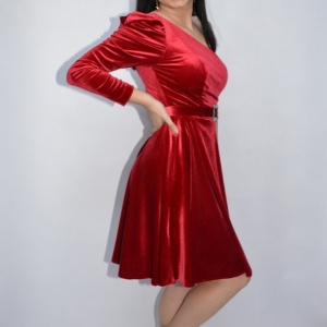 Rochie eleganta Bianca pe umar din catifea,rosu - Img 2