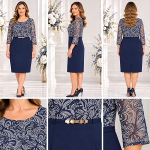 Rochie elegantă bleumarin cu imprimeu și curea decorativă cu auriu - Img 2