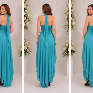 Rochie eleganta, culoare turcoaz, model scurt in fata lung in spate - Img 3