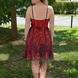 Rochie eleganta de seara, de culoare rosie cu broderie florala neagra - Img 6
