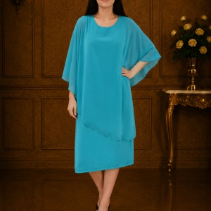 Rochie eleganta din material elastic si voal lejer aplicat, turcoaz