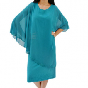 Rochie eleganta din material elastic si voal lejer aplicat, turcoaz - Img 1