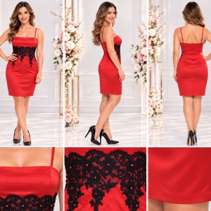 Rochie eleganta din saten, de culoare rosie, cu dantela neagra - Img 2