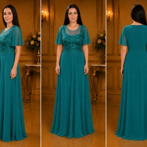 Rochie eleganta din voal combinat cu dantela si perle, greenery - Img 3