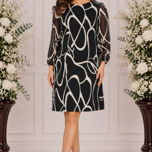 Rochie Elegantă în Formă A cu Imprimeu Abstract Alb-Negru