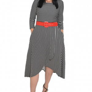 Rochie eleganta Serenity ,croi asimetric si model cu dungi,nuanta de alb-negru - Img 1