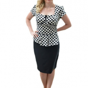 Rochie eleganta tip costum, de culoare negru-alb, cu buline mari - Img 1