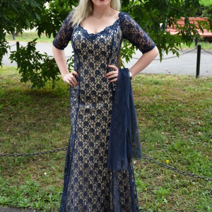 Rochie extrem de eleganta, din dantela bleumarin-crem - Img 4