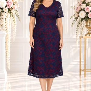 Rochie fashion de gala, dantela bleumarin cu captuseala rosie