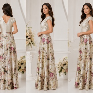 Rochie fashion de ocazie, model lung in nuanta aurie cu flori - Img 3