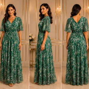 Rochie fashion de ocazie, model lung in nuanta verde-auriu - Img 2