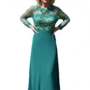 Rochie fashion de seara, verde, model lung cu broderie 3D - Img 1