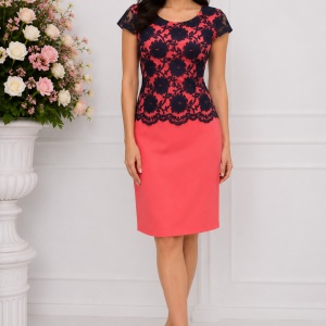 Rochie feminina de culoare corai cu dantela in partea de sus