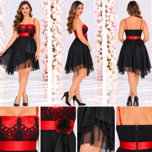 Rochie feminina din saten, negru-rosu ,dantela si tul - Img 2