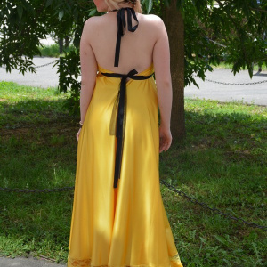 Rochie galbena, lunga de seara, din material satinat, cu insertii - Img 6