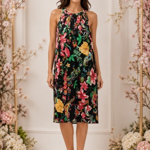 Rochie lejeră cu imprimeu floral multicolor – Negru