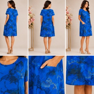 Rochie lejeră din bumbac cu imprimeu floral și buzunare – Albastru Intens - Img 2