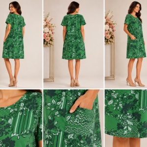 Rochie lejeră din bumbac cu imprimeu floral și buzunare – Verde - Img 2