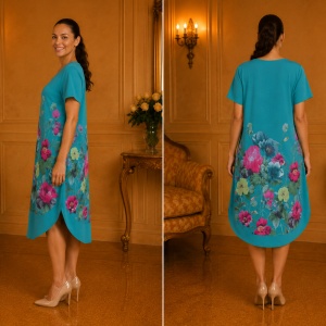 Rochie lejeră din in și bumbac cu imprimeu floral –turcoaz, croi confortabil de vară - Img 3