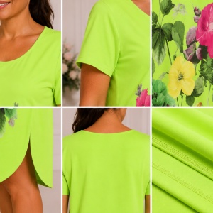 Rochie lejeră din in și bumbac cu imprimeu floral –verde fistic, croi confortabil de vară - Img 3
