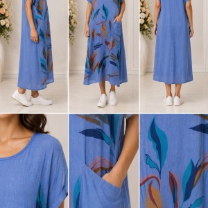 Rochie lungă albastră cu imprimeu floral abstract și buzunar lateral - Img 2