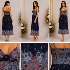 Rochie lungă damă bleumarin cu imprimeu paisley și bretele subțiri - Img 2