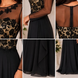 Rochie lunga de seara cu broderie florala 3D, culoare neagra - Img 3