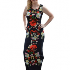 Rochie lunga de zi, culoare neagra cu imprimeu realist de flori - Img 1