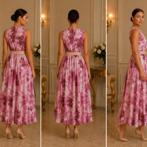 Rochie Midi Elegantă Multicoloră tonuri de roz cu Imprimeu Artistic, Decolteu Petrecut și Volane - Img 2