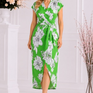 Rochie midi verde cu imprimeu floral alb și croială petrecută , curea neagra