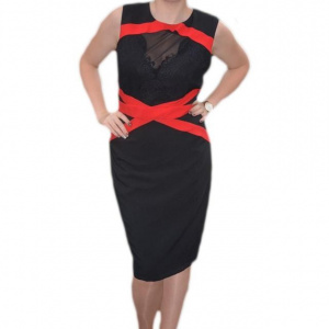 Rochie moderna, de culoare neagra, combinata cu fasii rosii - Img 1