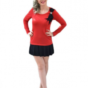 Rochie moderna, de culoare rosu-negru, cu pliuri - Img 1