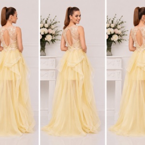 Rochie moderna de ocazie, aurie, cu broderie si paiete fine - Img 2