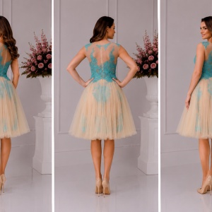 Rochie moderna de seara din tul crem cu broderie turcoaz - Img 2