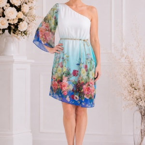 Rochie moderna one-shoulder, culoare albastra, cu flori colorate