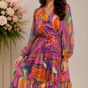 Rochie Multicoloră cu Imprimeu Abstract și Mâneci Semitransparente