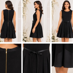 Rochie neagră elegantă cu fustă cloș și cordon în talie - Img 2