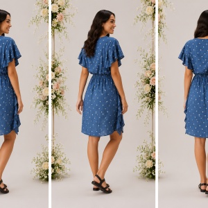 Rochie Paula, din bumbac, imprimeu cu stelute, nuanta bleumarin - Img 2