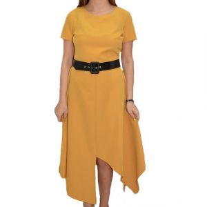 Rochie rafinata, asimetrica, in nuanta de galben si curea neagra