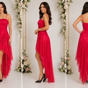 Rochie rafinata, cu trena, de efect, in nuanta de rosu, cu dantela - Img 3