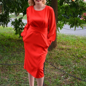 Rochie rafinata, de culoare rosu, maneca lunga, centura in talie - Img 7