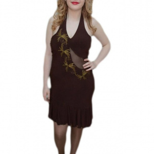 Rochie rafinata de gala, maro, cu insertie de material transparent - Img 1