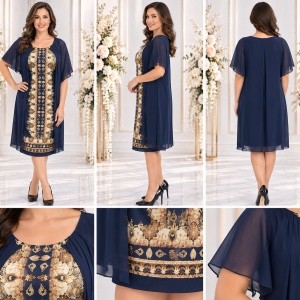 Rochie rafinata de zi, bleumarin cu imprimeu oriental in fata - Img 2