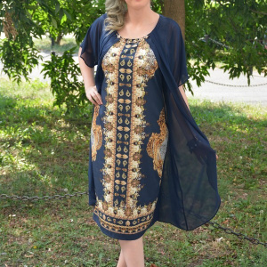 Rochie rafinata de zi, bleumarin cu imprimeu oriental in fata - Img 6