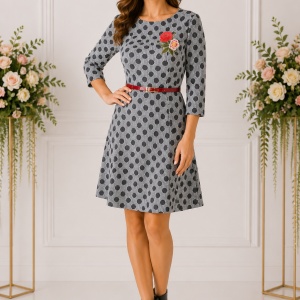 Rochie rafinata de zi cu flori brodate si design de buline negru-gri