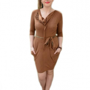 Rochie rafinata, material cu aspect de catifea in nuanta maro - Img 1