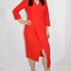 Rochie rafinata Mila cu crepeu in fata,model asimetric,nuanta de rosu - Img 7