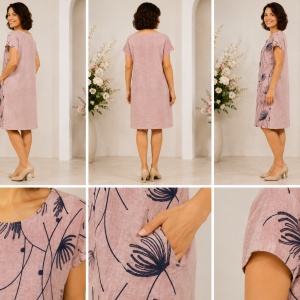 Rochie Roz Pudrat din In 100% cu Imprimeu Floral – Croială Lejeră și Buzunare Laterale - Img 2